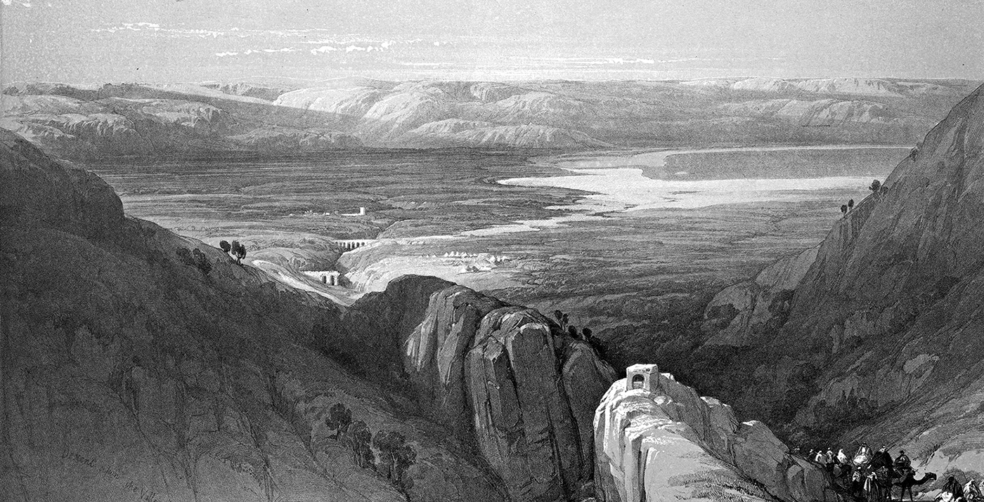 An expansive landscape scene in European Renaissance perspective: from an elevated position, the view expands upon sheer, mountainous rocks in the near distance that seem to be falling in slow motion