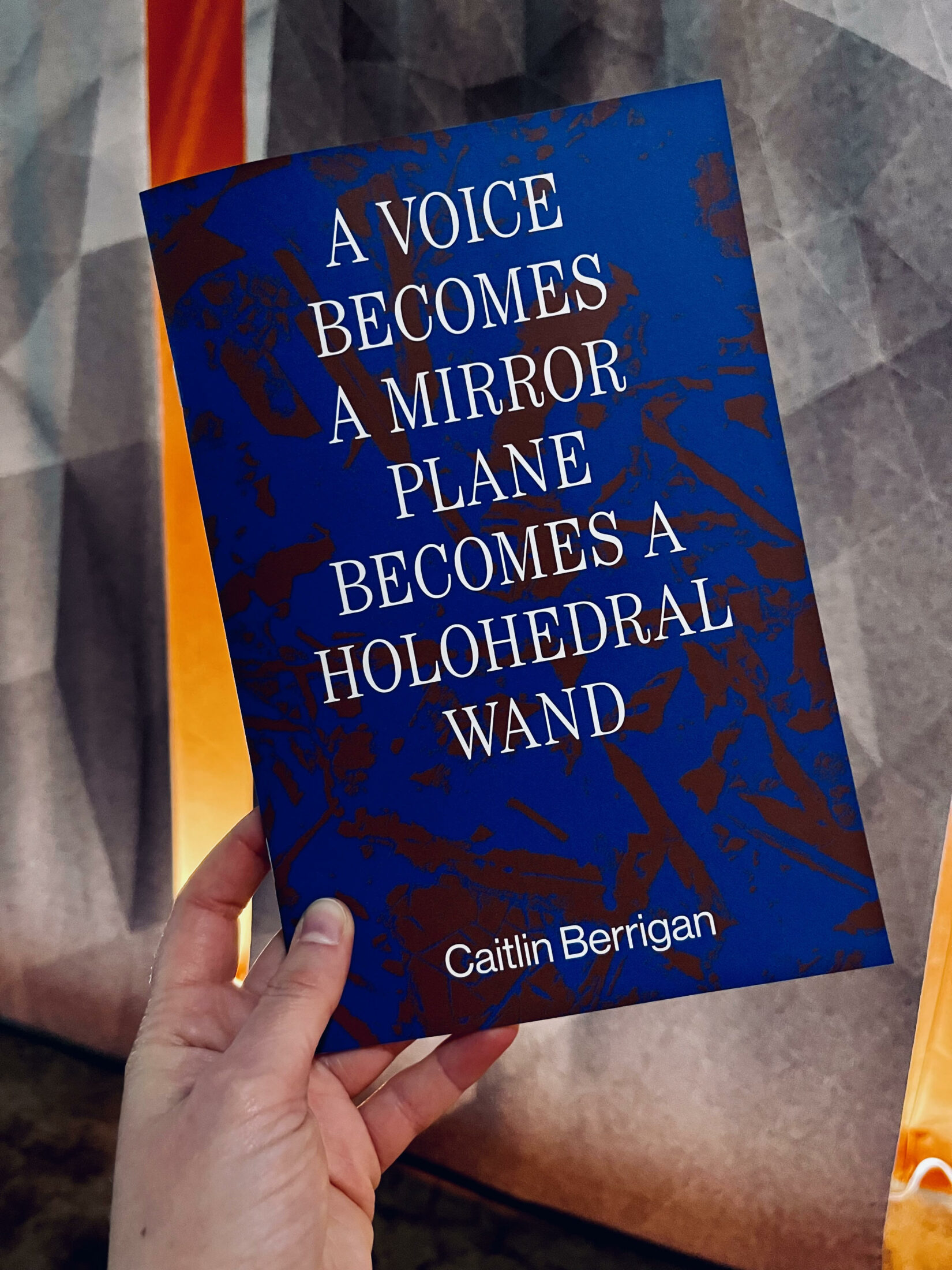 A hand holds a publication entitled A Voice Becomes a mirror Becomes a Holohedral Wand by Caitlin Berrigan.